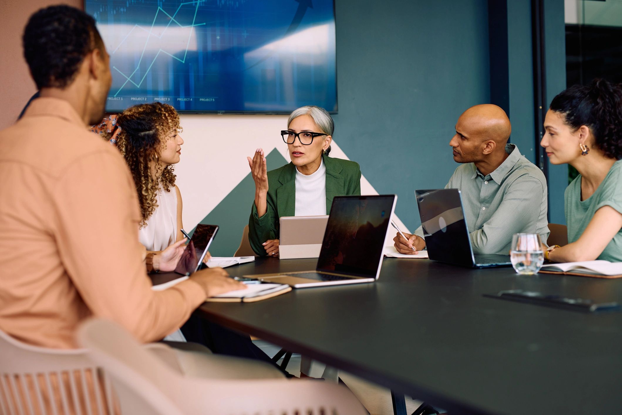 Business team collaborating in a modern meeting room